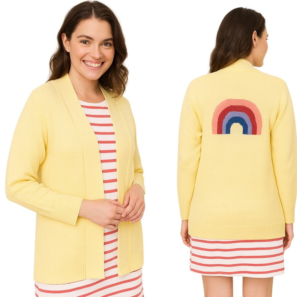 Women’s Small Yellow Cardigan Sweater Rainbow Back Graphic Cozy Knit Teacher